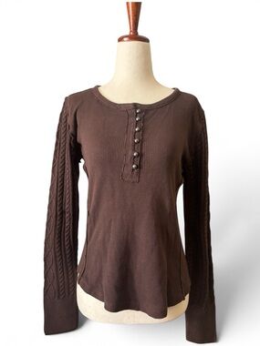 🍀 Lucky Brand Brown Thermal Henley Top Cable Knit Sleeves Size Small